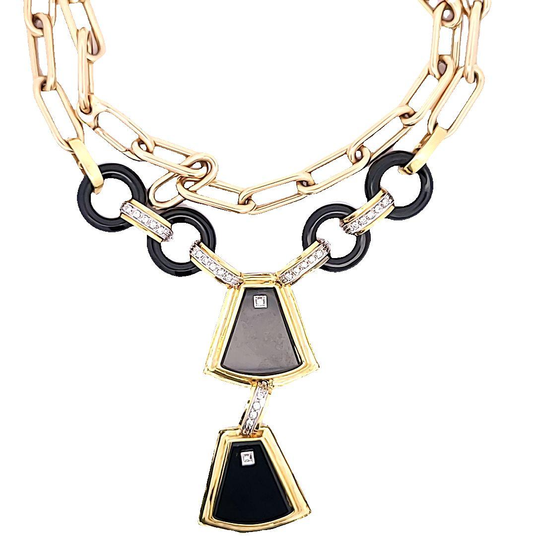 Vintage 14K Yellow Gold Pendant Necklace with 0.8 Carat Round Diamonds Onyx