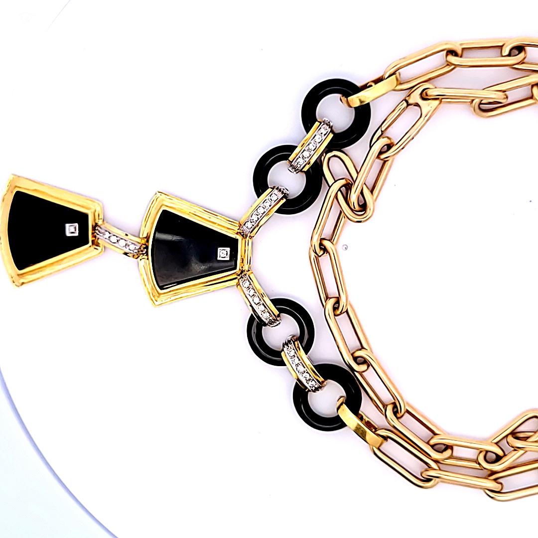 Vintage 14K Yellow Gold Pendant Necklace with 0.8 Carat Round Diamonds Onyx