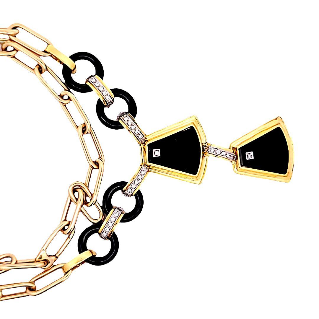 Vintage 14K Yellow Gold Pendant Necklace with 0.8 Carat Round Diamonds Onyx