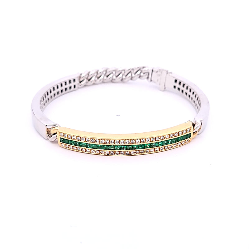 0.85 Carat Emerald 0.65 Carat White Diamond 18 Karat Yellow Gold Bangle Bracelet