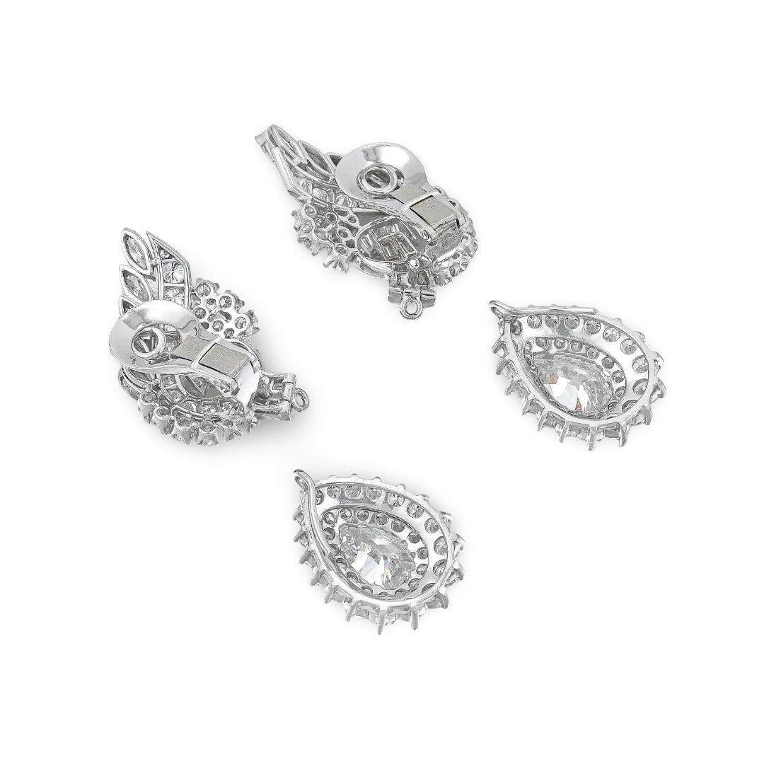 Vintage Platinum Clip-On Dangling Earrings with 8.79 Carat Mixed Diamonds GIA