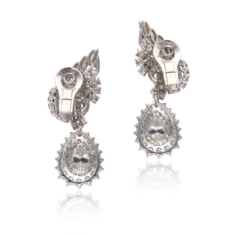 Vintage Platinum Clip-On Dangling Earrings with 8.79 Carat Mixed Diamonds GIA
