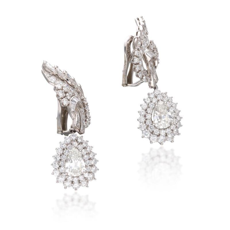 Vintage Platinum Clip-On Dangling Earrings with 8.79 Carat Mixed Diamonds GIA