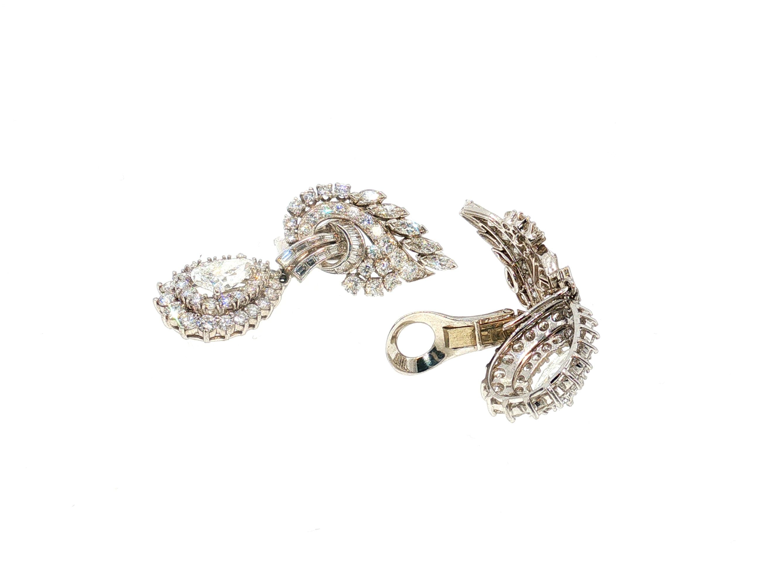 Vintage Platinum Clip-On Dangling Earrings with 8.79 Carat Mixed Diamonds GIA