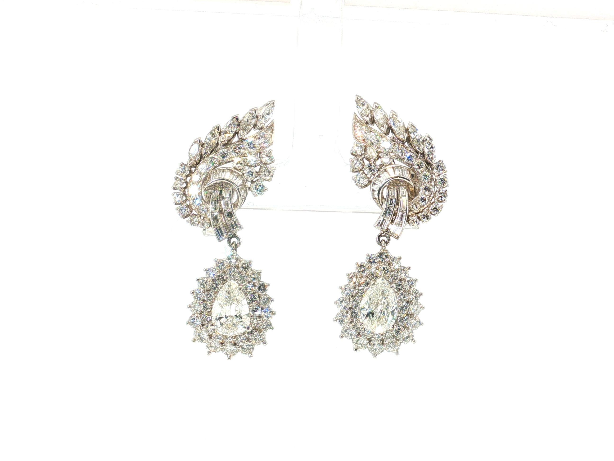Vintage Platinum Clip-On Dangling Earrings with 8.79 Carat Mixed Diamonds GIA