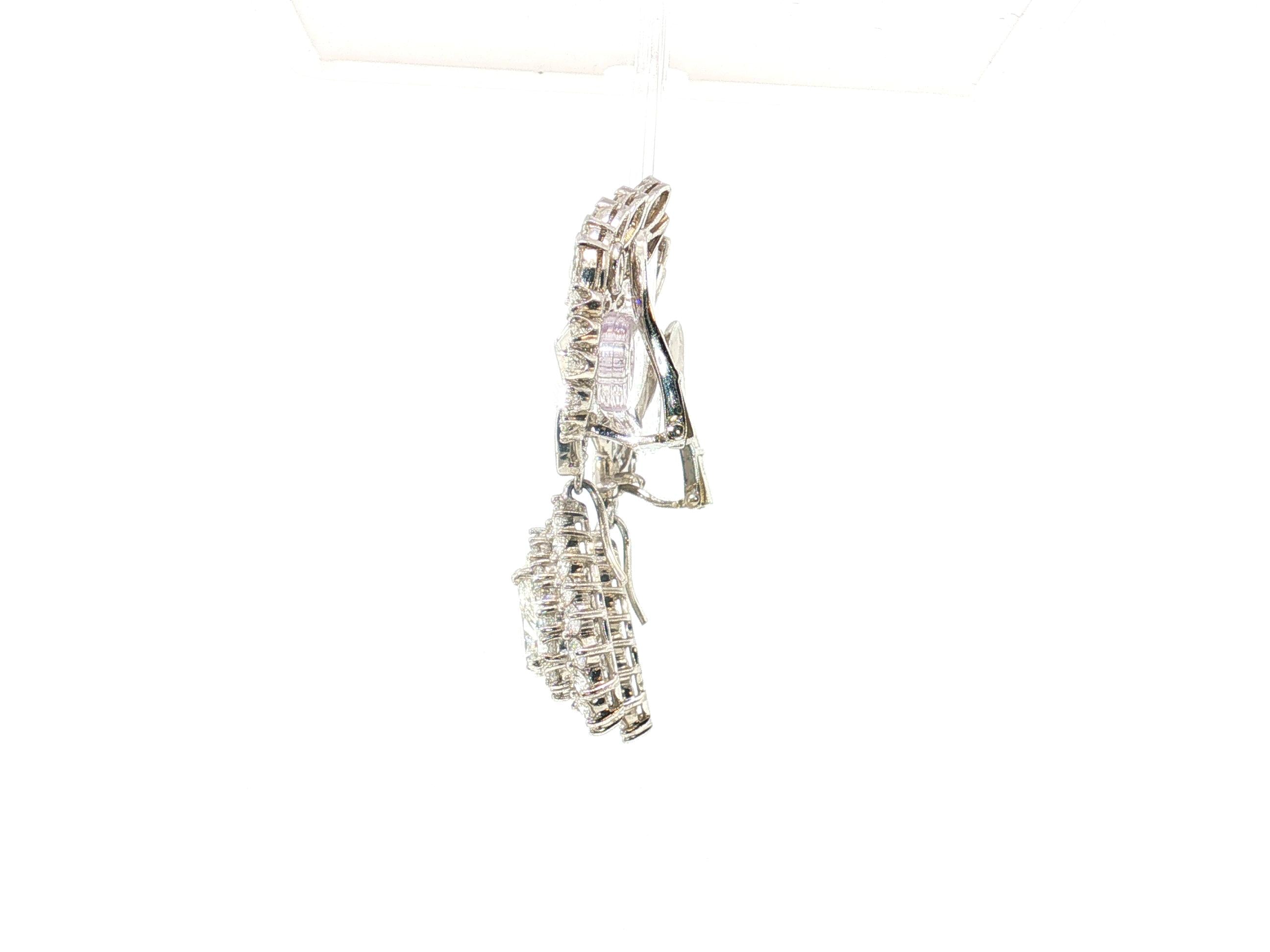 Vintage Platinum Clip-On Dangling Earrings with 8.79 Carat Mixed Diamonds GIA