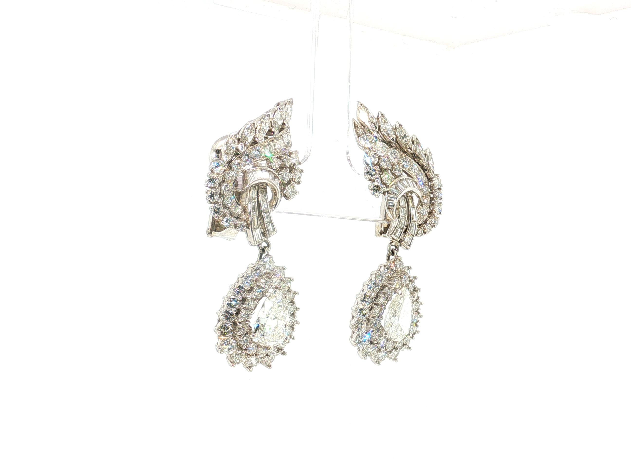 Vintage Platinum Clip-On Dangling Earrings with 8.79 Carat Mixed Diamonds GIA