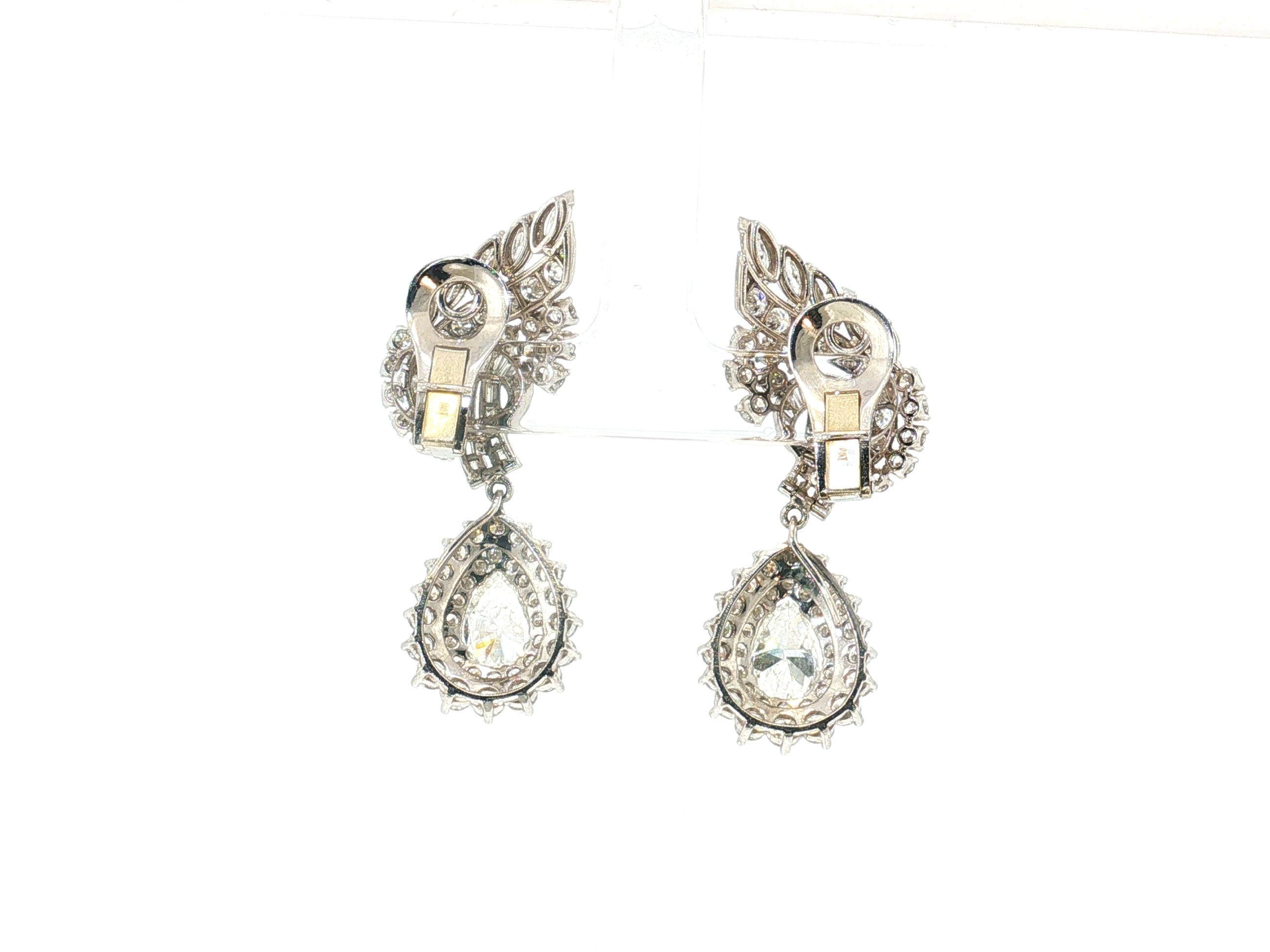 Vintage Platinum Clip-On Dangling Earrings with 8.79 Carat Mixed Diamonds GIA