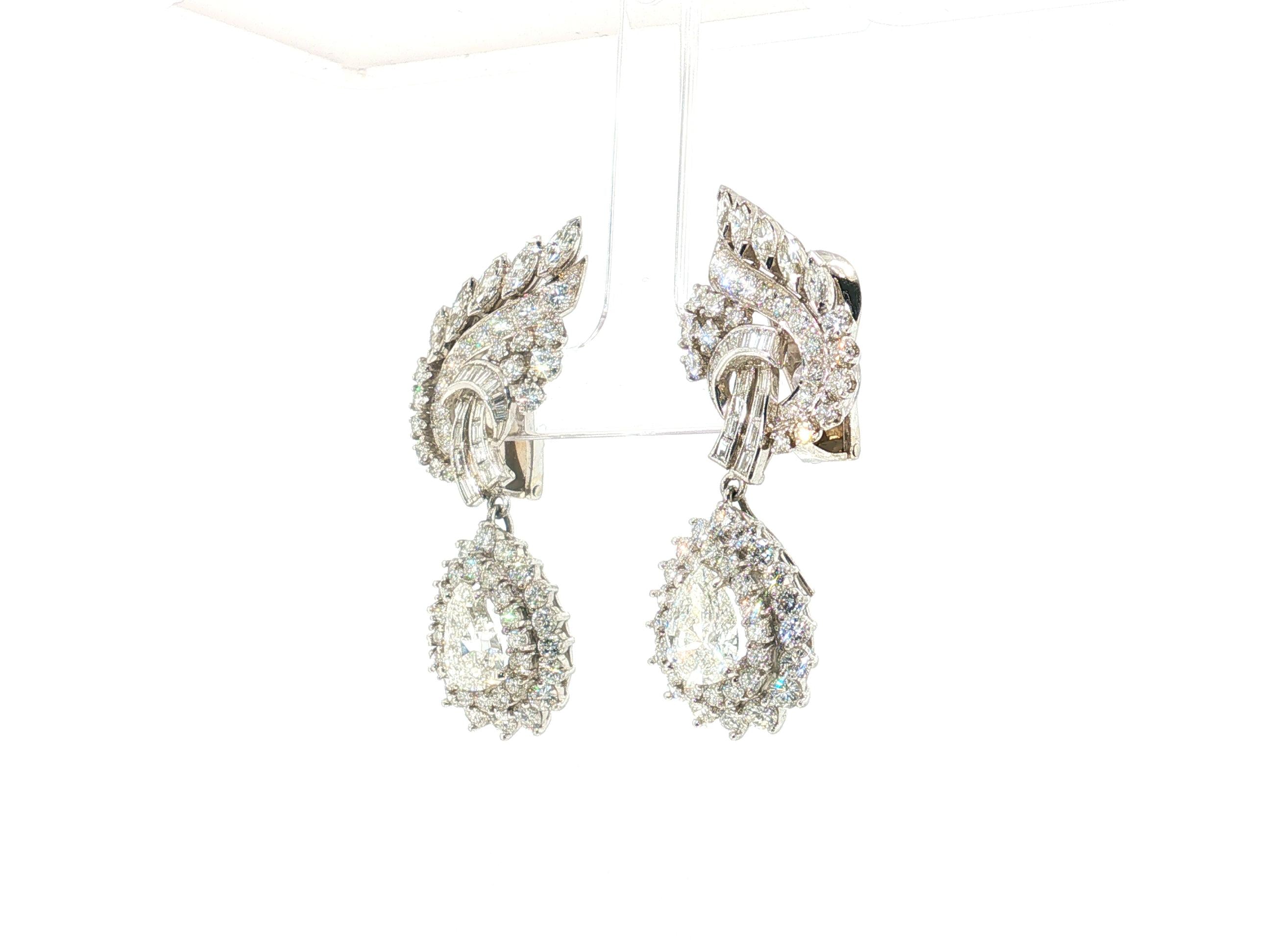 Vintage Platinum Clip-On Dangling Earrings with 8.79 Carat Mixed Diamonds GIA