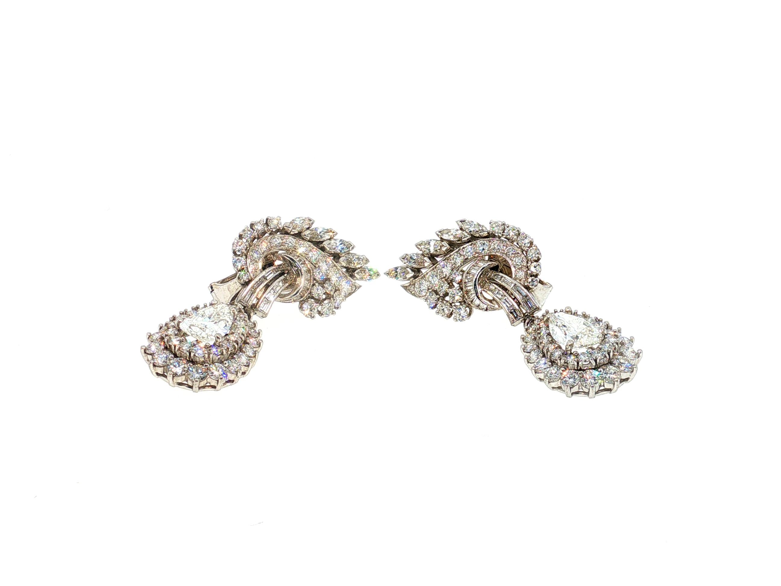 Vintage Platinum Clip-On Dangling Earrings with 8.79 Carat Mixed Diamonds GIA