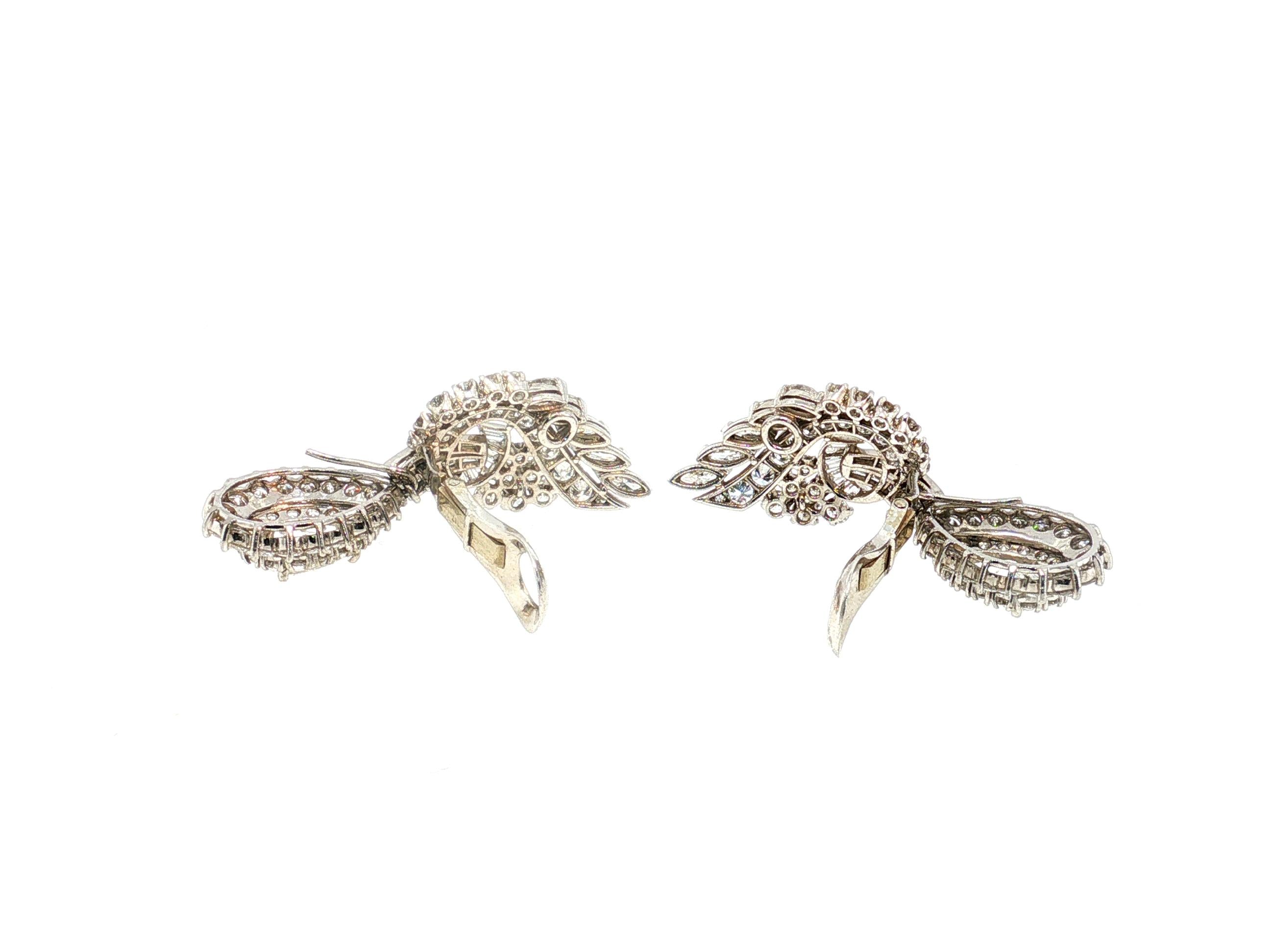 Vintage Platinum Clip-On Dangling Earrings with 8.79 Carat Mixed Diamonds GIA