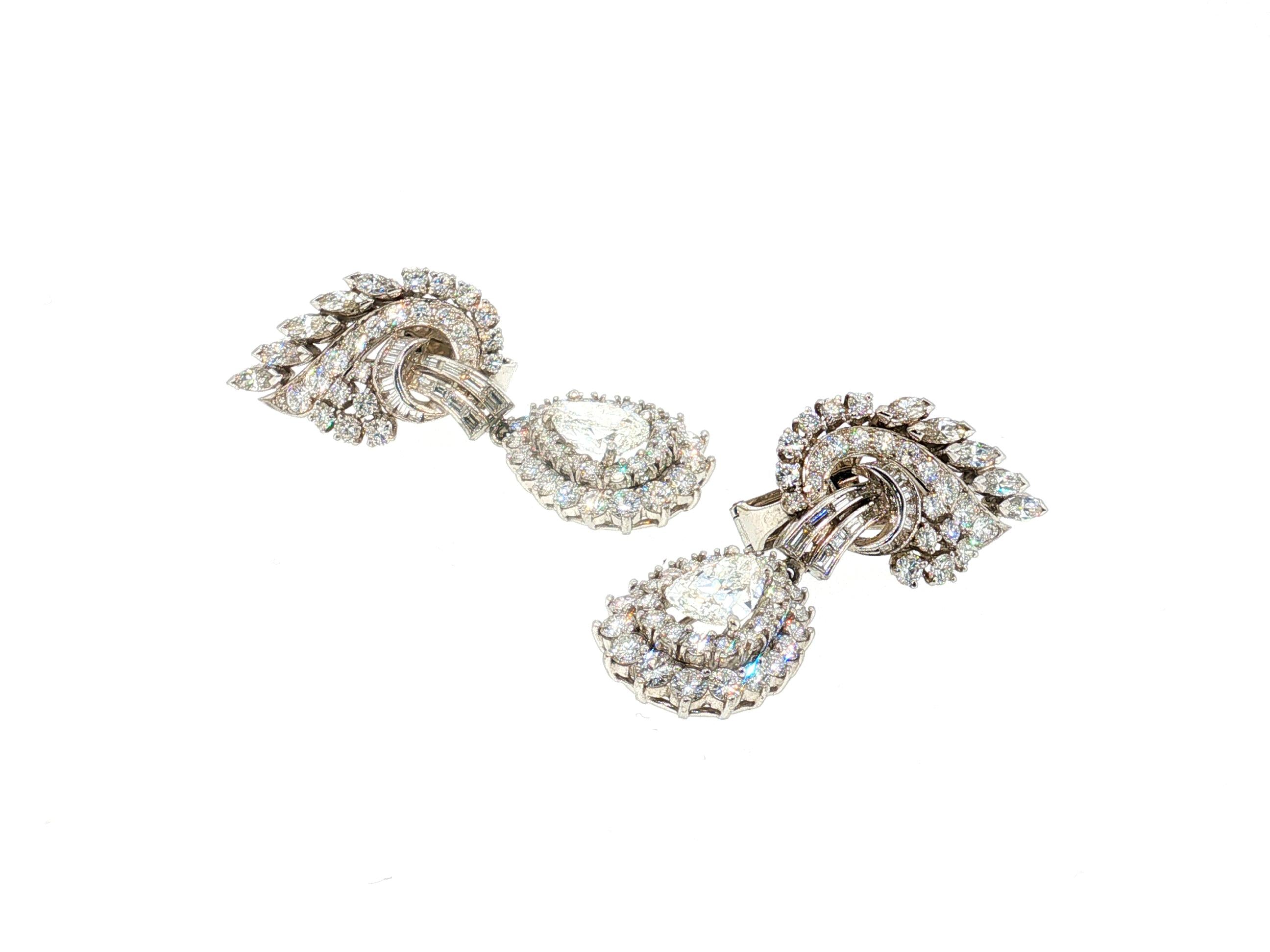 Vintage Platinum Clip-On Dangling Earrings with 8.79 Carat Mixed Diamonds GIA