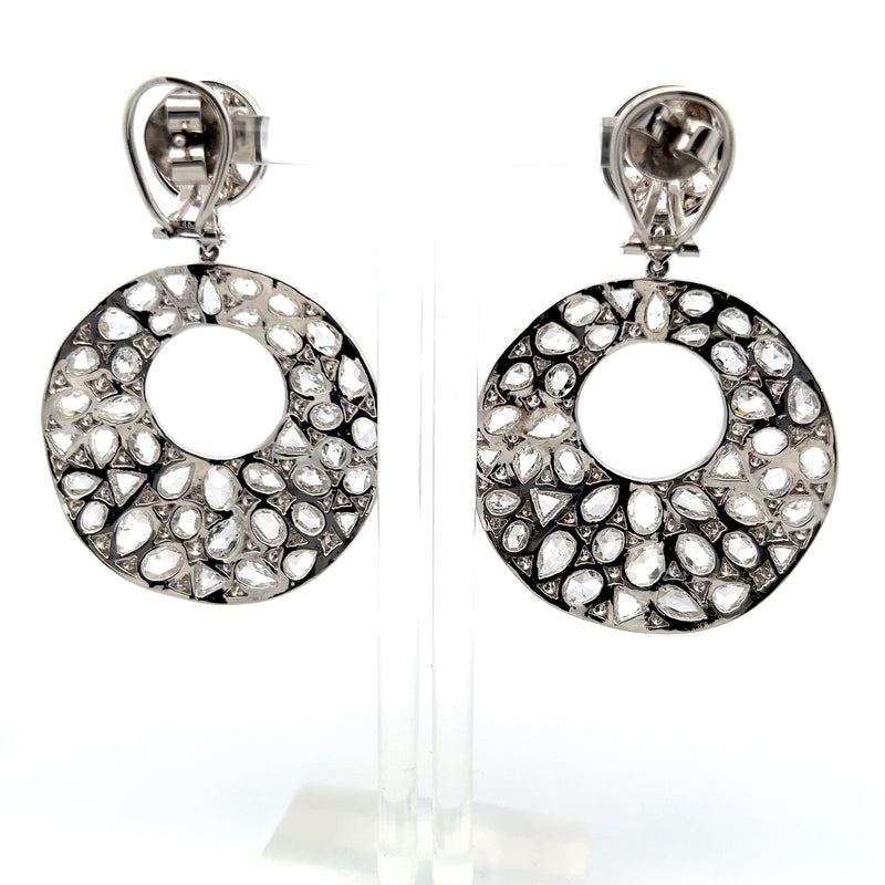 16.00 Carat Rose Cut and Round Diamond 18K White Gold Chandelier Earrings