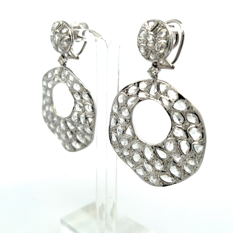 16.00 Carat Rose Cut and Round Diamond 18K White Gold Chandelier Earrings