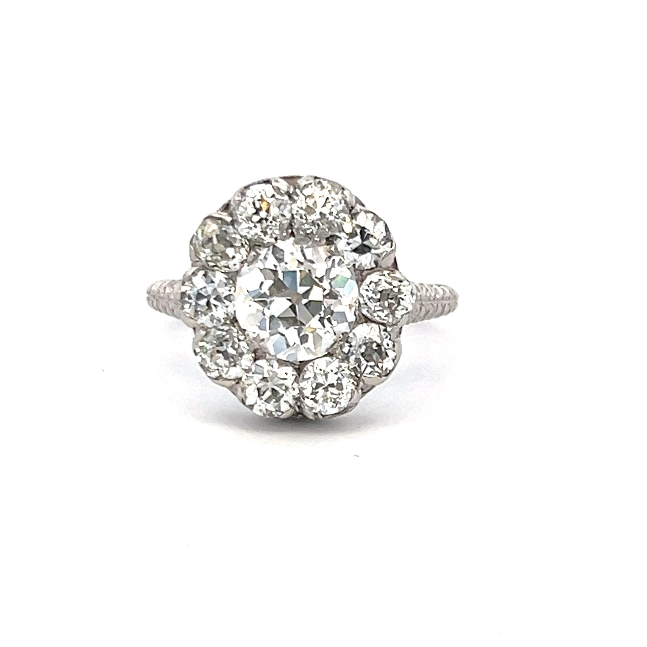 Platinum Edwardian Ring with 3.38 Carat Old European Cut GIA Diamonds Size 6.5
