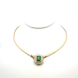 1.55 Carat Emerald 0.85 Carat Round and Baguette Shape Diamond 14K YG Pendant Necklace