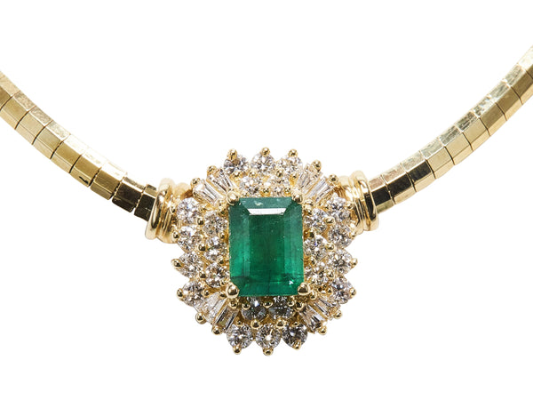 1.55 Carat Emerald 0.85 Carat Round and Baguette Shape Diamond 14K YG Pendant Necklace