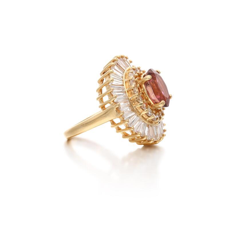 14K YG Cocktail Ring with 3.2ct Tapered Baguette & Round and Tourmaline