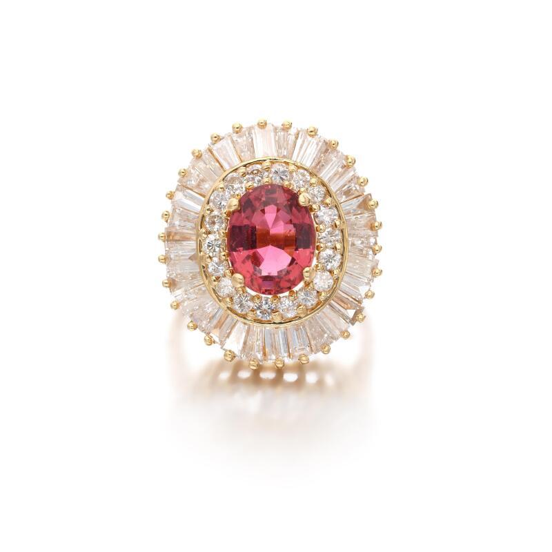 14K YG Cocktail Ring with 3.2ct Tapered Baguette & Round and Tourmaline