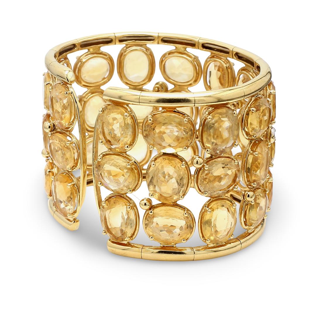 Estate 18K Yelow Gold Bangle Bracelet with 0.42ct Round Diamonds & 195ct Citrine