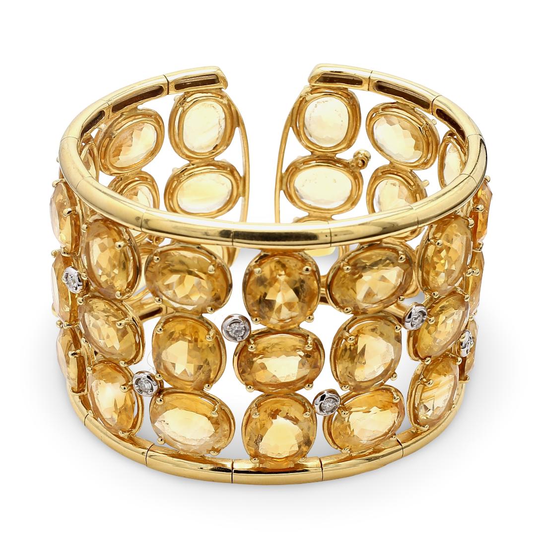 Estate 18K Yelow Gold Bangle Bracelet with 0.42ct Round Diamonds & 195ct Citrine