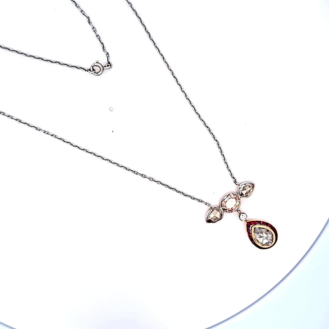 4.22 Carat Rose Cut Diamond 0.50 Carat Sapphire 18 Karat Gold Pendant Necklace