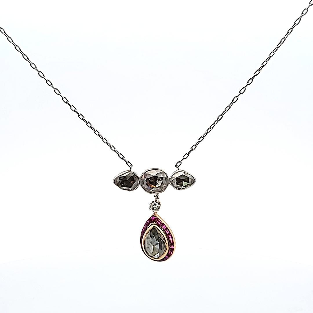 4.22 Carat Rose Cut Diamond 0.50 Carat Sapphire 18 Karat Gold Pendant Necklace