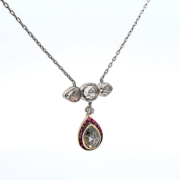 4.22 Carat Rose Cut Diamond 0.50 Carat Sapphire 18 Karat Gold Pendant Necklace