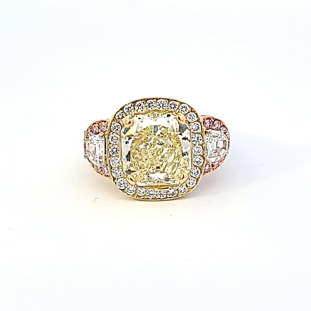 8.45 Carat Radiant Cut FY & Pink Diamond Engagement Ring in Platinum & 18K Gold