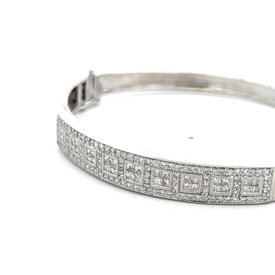 14K WG Bangle Bracelet with 1.42 Carat Round & Princess Cut Diamonds Size 6.75