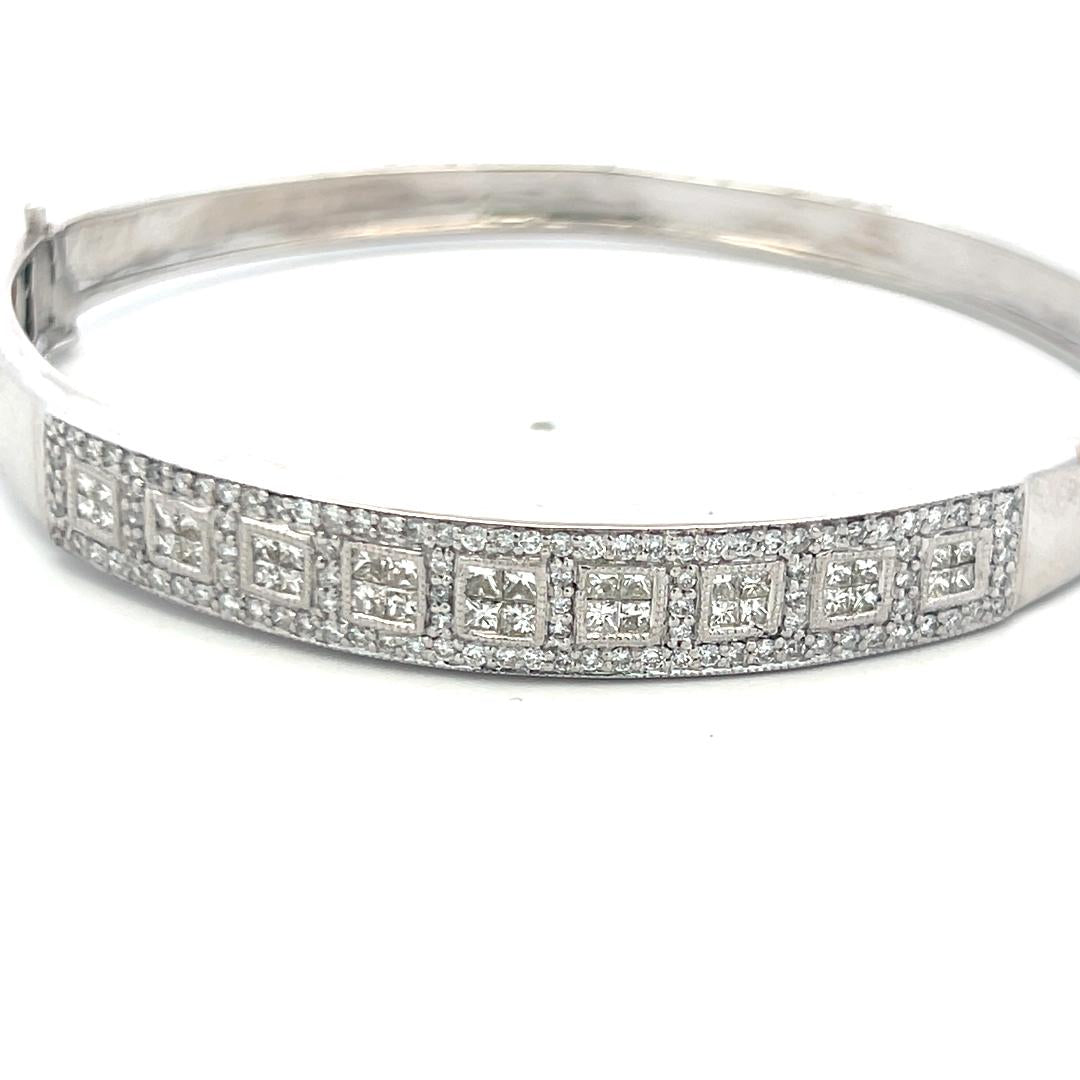 14K WG Bangle Bracelet with 1.42 Carat Round & Princess Cut Diamonds Size 6.75