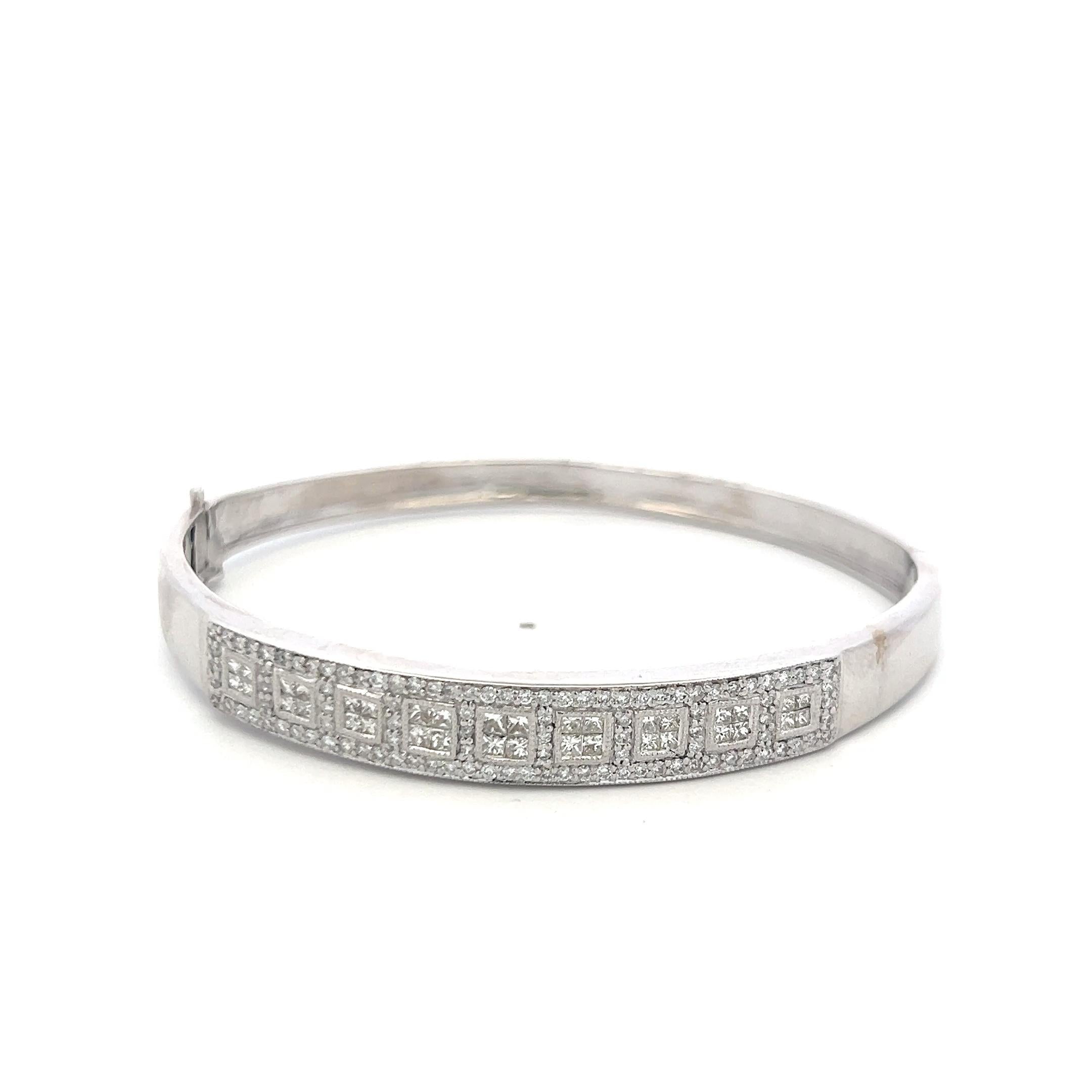 14K WG Bangle Bracelet with 1.42 Carat Round & Princess Cut Diamonds Size 6.75