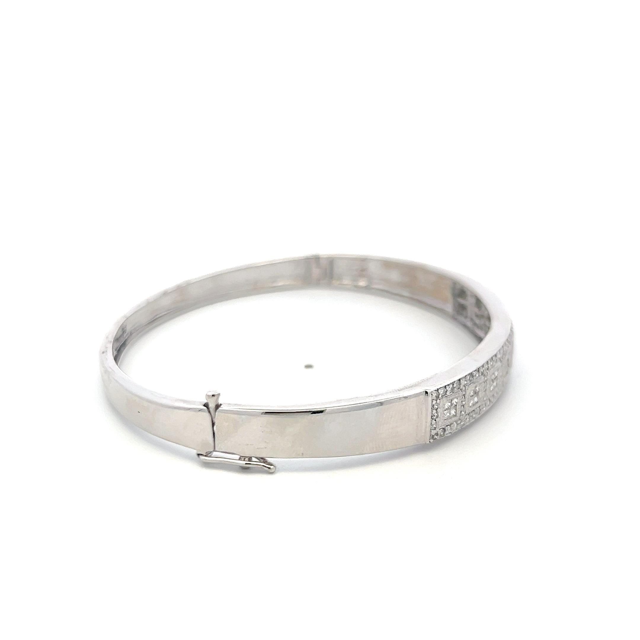 14K WG Bangle Bracelet with 1.42 Carat Round & Princess Cut Diamonds Size 6.75
