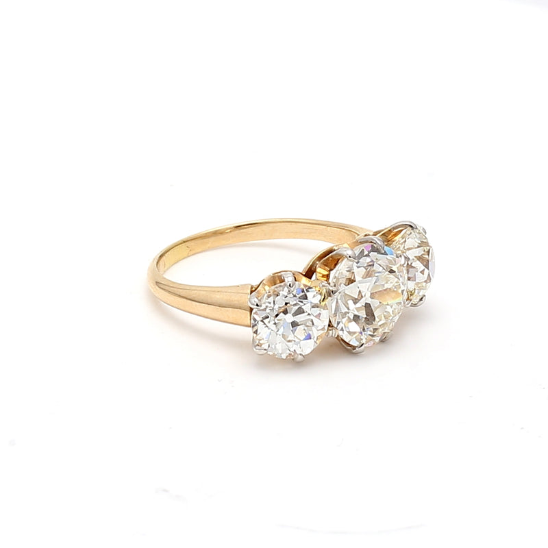 5.54 Carat Old European Cut Diamond 18K Yellow Gold Three-Stone Ring