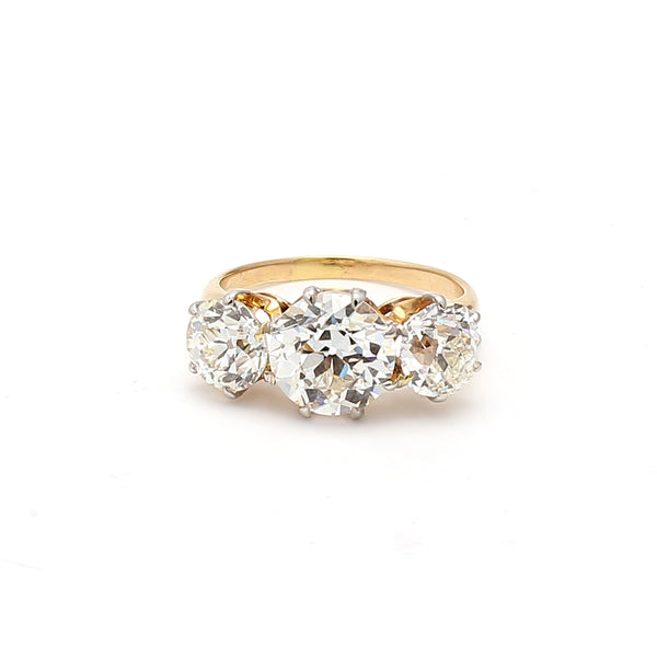 5.54 Carat Old European Cut Diamond 18K Yellow Gold Three-Stone Ring