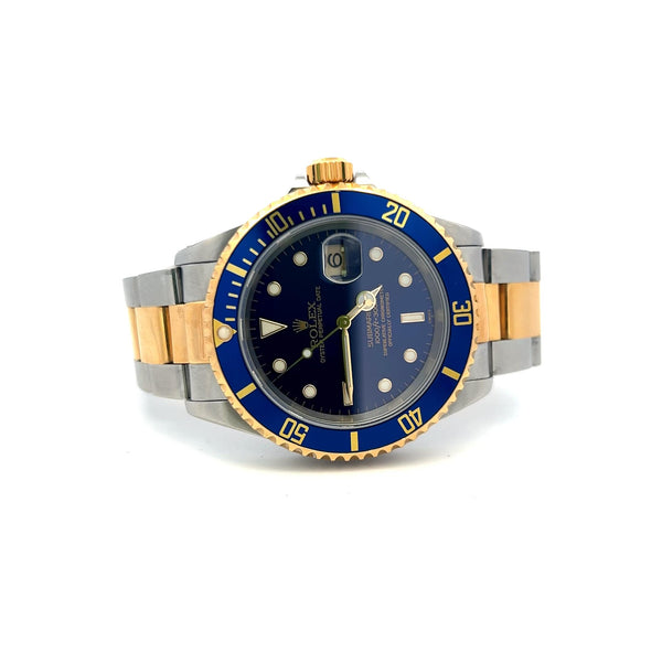 Rolex Submariner 18K Gold Steel Blue Dial Reference 16613 Box and Paper