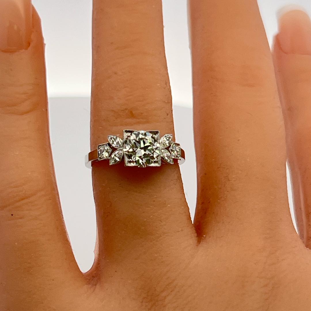 Platinum Art Deco Ring with 1.46 Ct Round Marquis & Circular Diamonds I-SI2 GIA