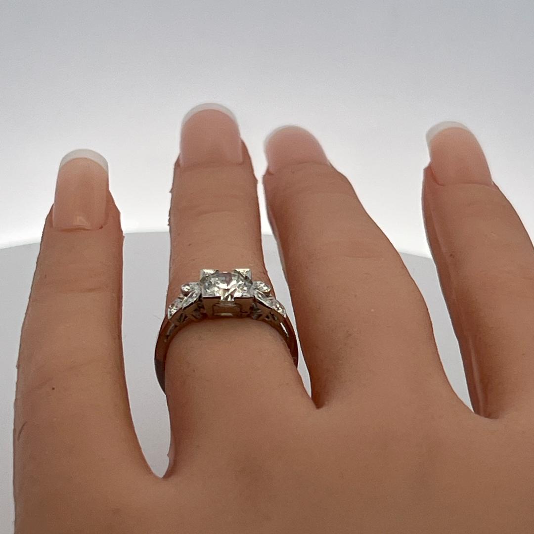 Platinum Art Deco Ring with 1.46 Ct Round Marquis & Circular Diamonds I-SI2 GIA