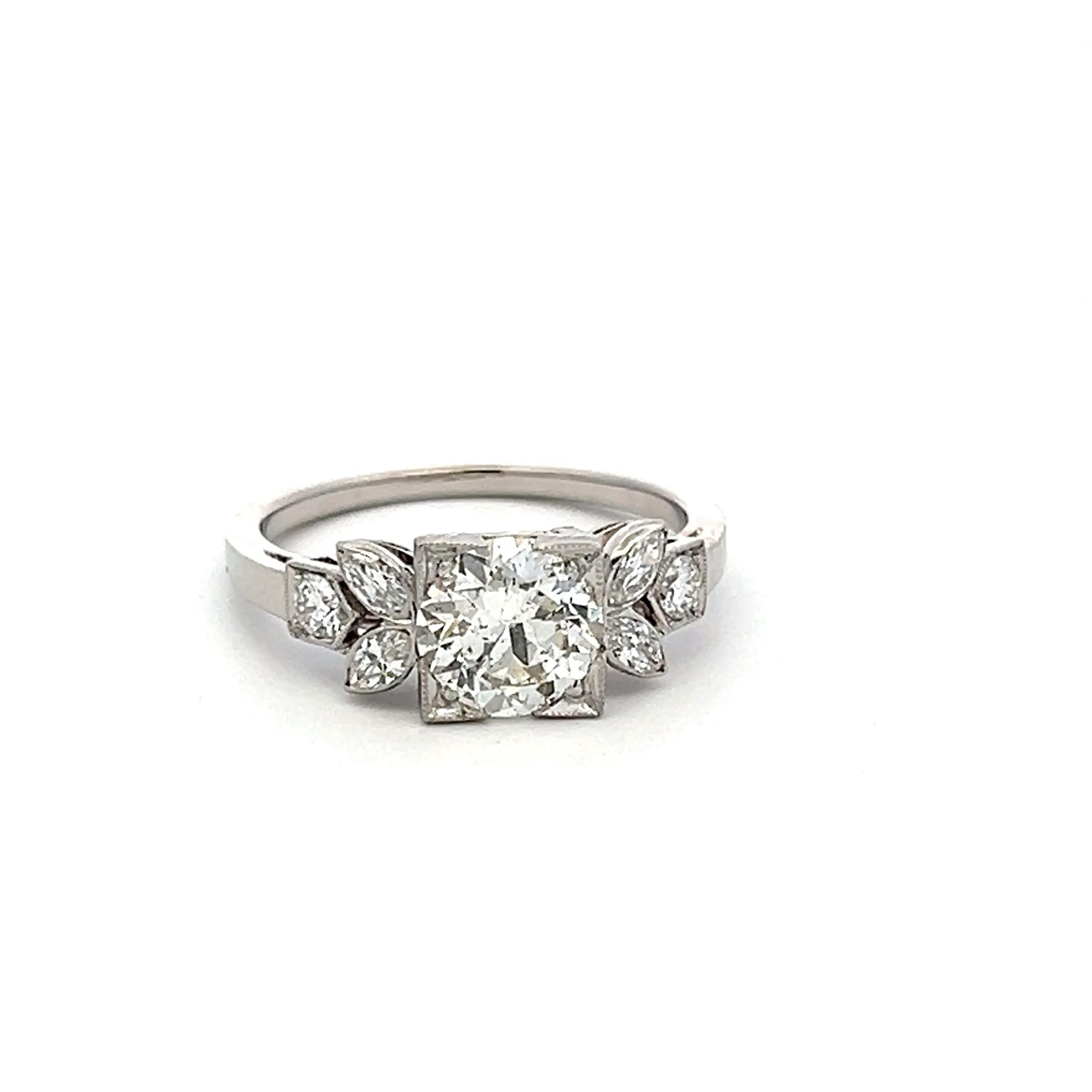 Platinum Art Deco Ring with 1.46 Ct Round Marquis & Circular Diamonds I-SI2 GIA