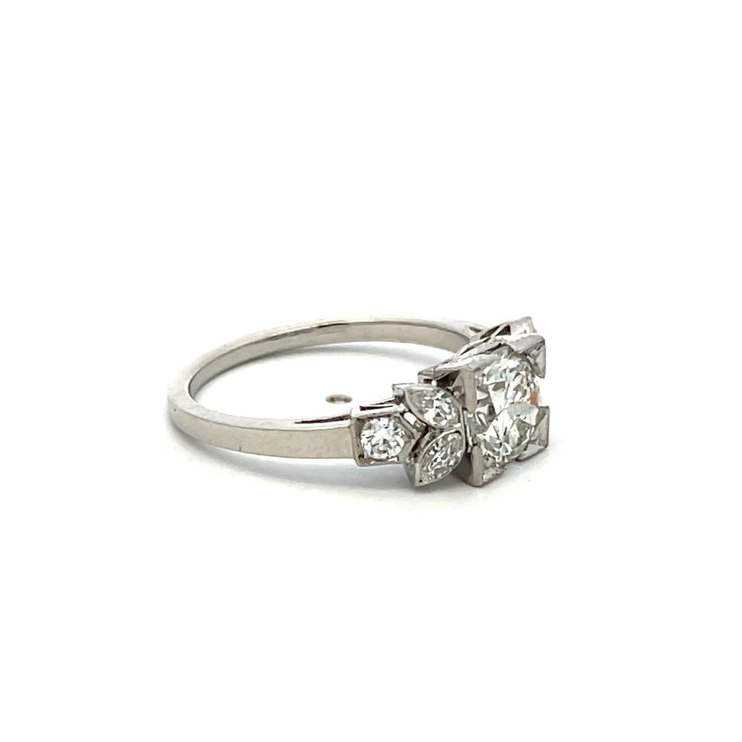 Platinum Art Deco Ring with 1.46 Ct Round Marquis & Circular Diamonds I-SI2 GIA