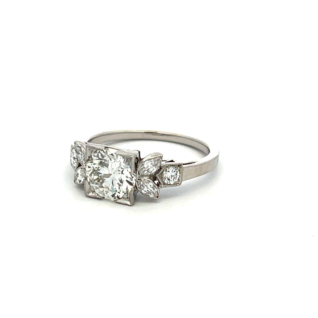 Platinum Art Deco Ring with 1.46 Ct Round Marquis & Circular Diamonds I-SI2 GIA