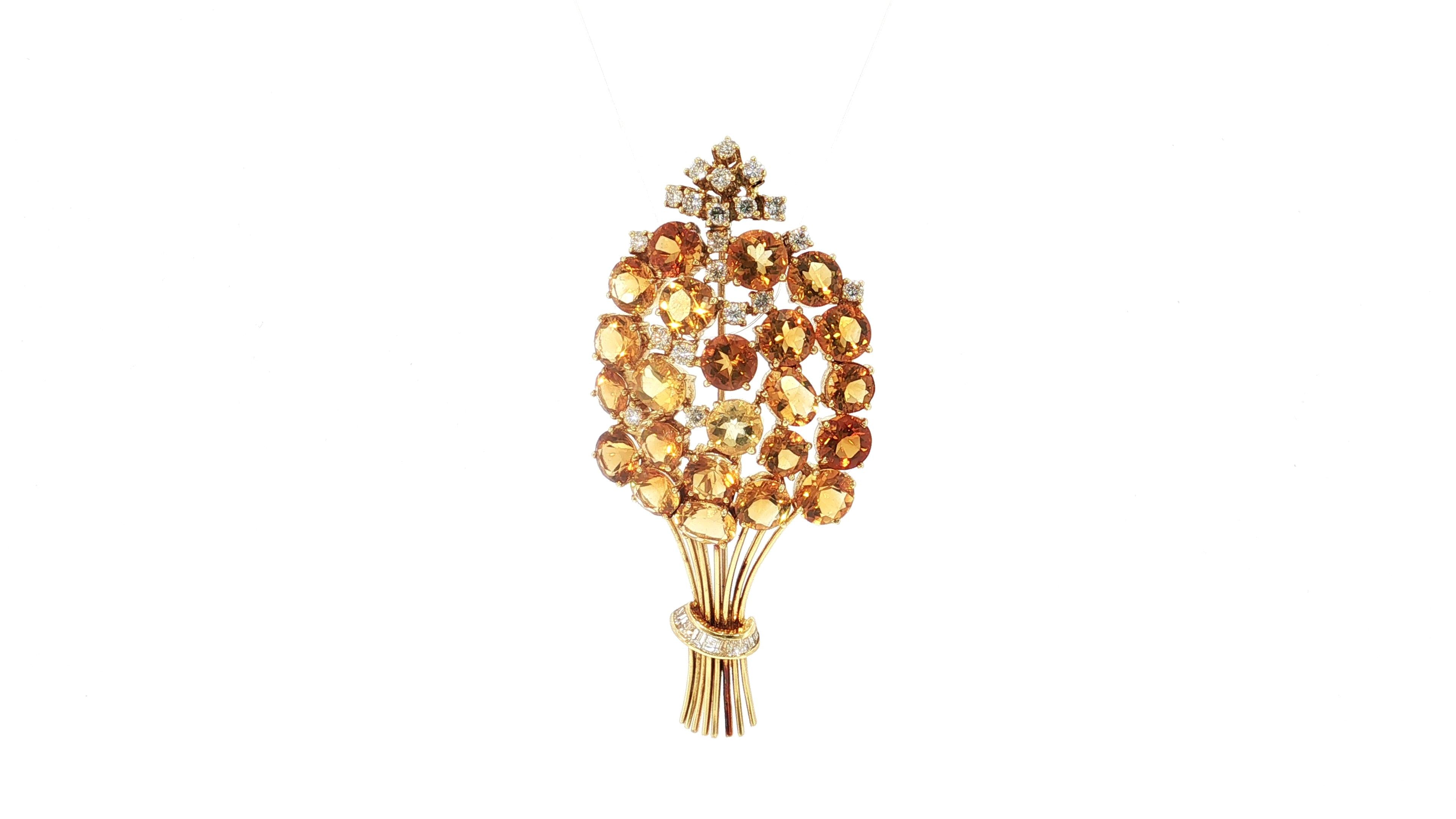 Vintage 18K Yellow Gold Pin Brooch 2ct Round & Baguette Diamonds and Citrine