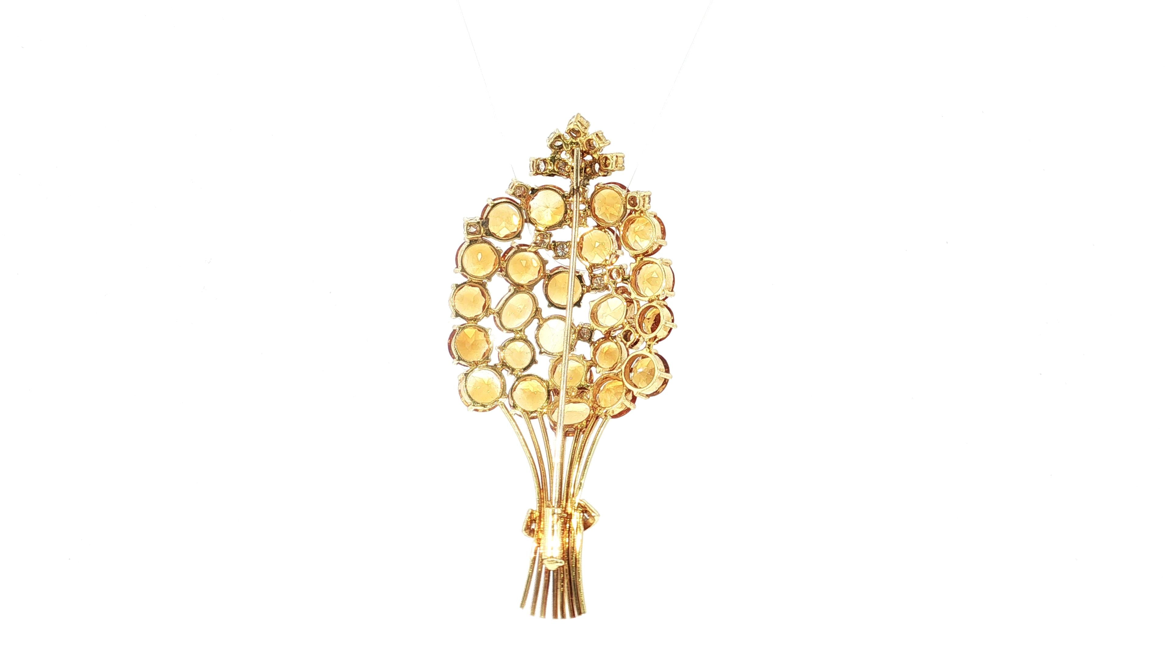 Vintage 18K Yellow Gold Pin Brooch 2ct Round & Baguette Diamonds and Citrine
