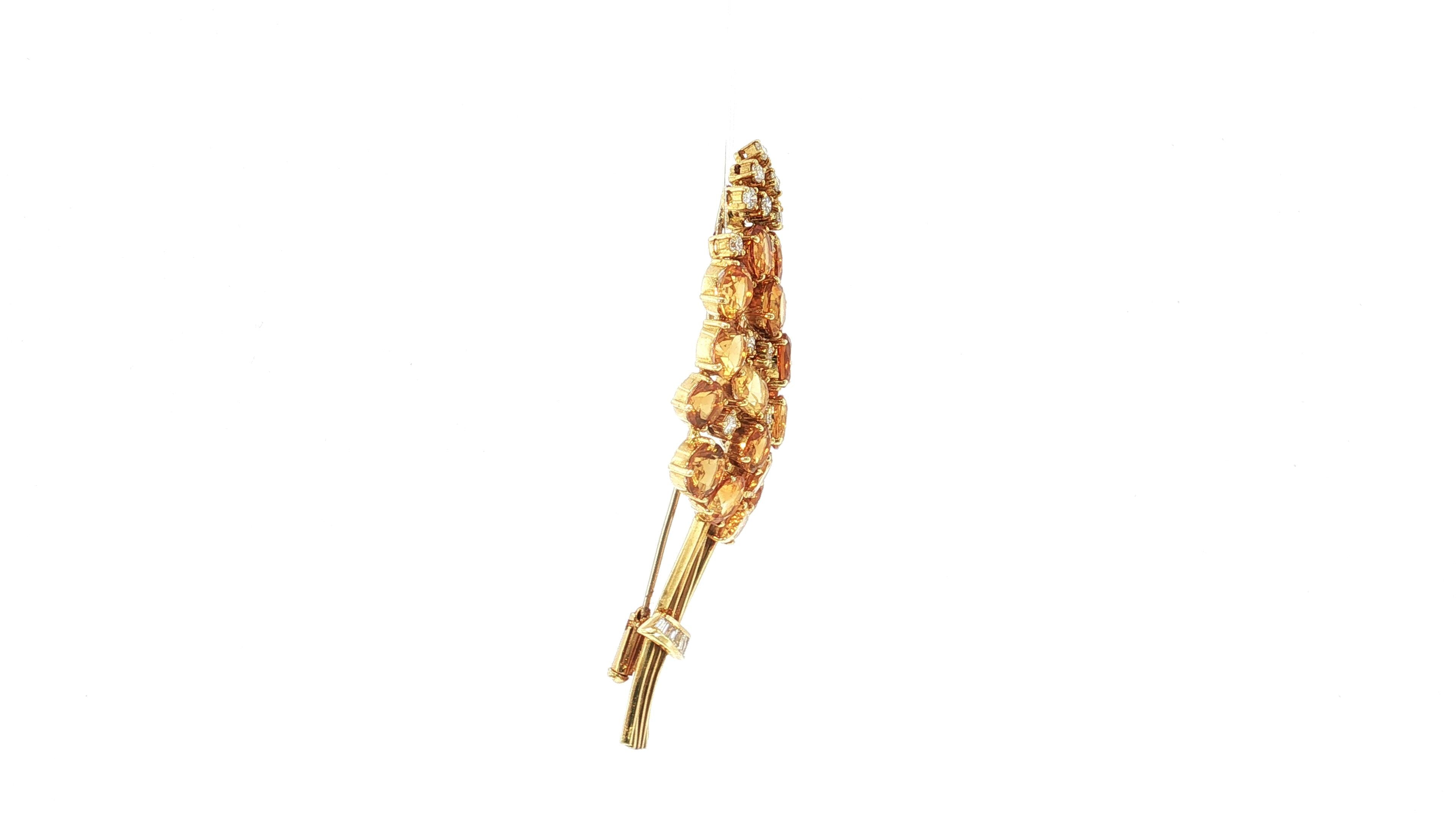 Vintage 18K Yellow Gold Pin Brooch 2ct Round & Baguette Diamonds and Citrine