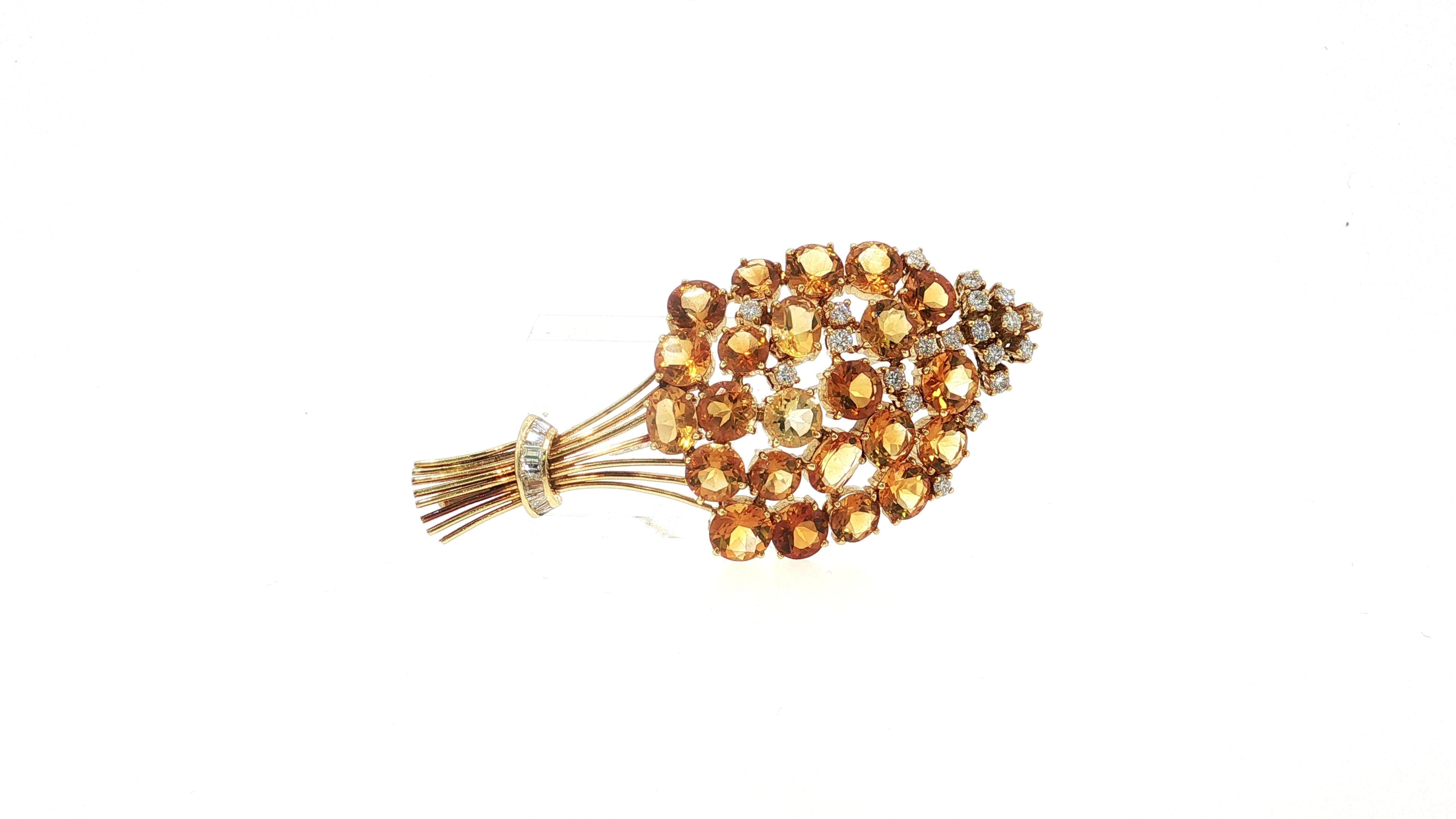 Vintage 18K Yellow Gold Pin Brooch 2ct Round & Baguette Diamonds and Citrine