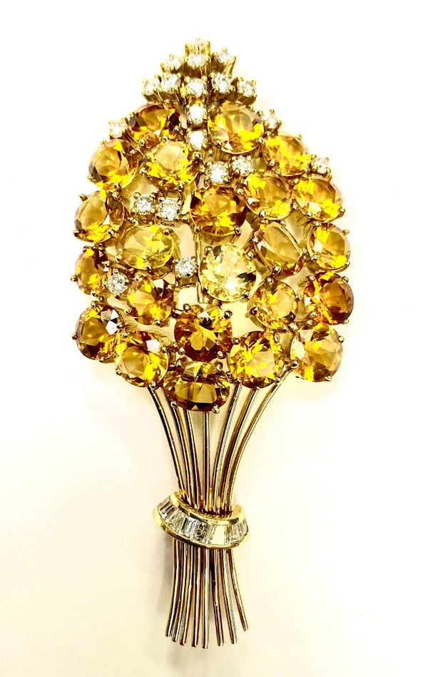 Vintage 27.50 Grams Citrine and Diamond Bouquet 18 Karat Yellow Gold Pin