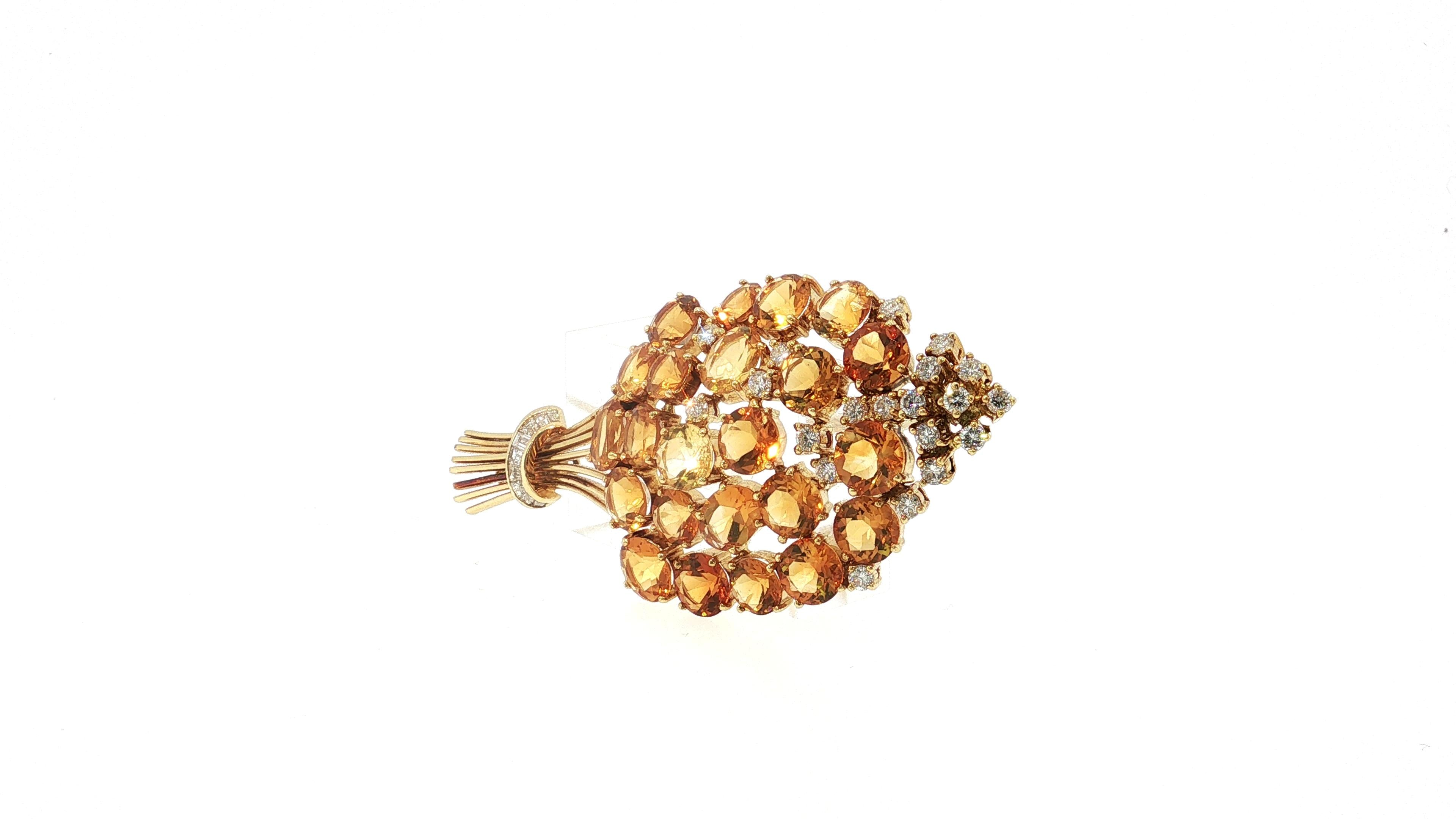 Vintage 18K Yellow Gold Pin Brooch 2ct Round & Baguette Diamonds and Citrine
