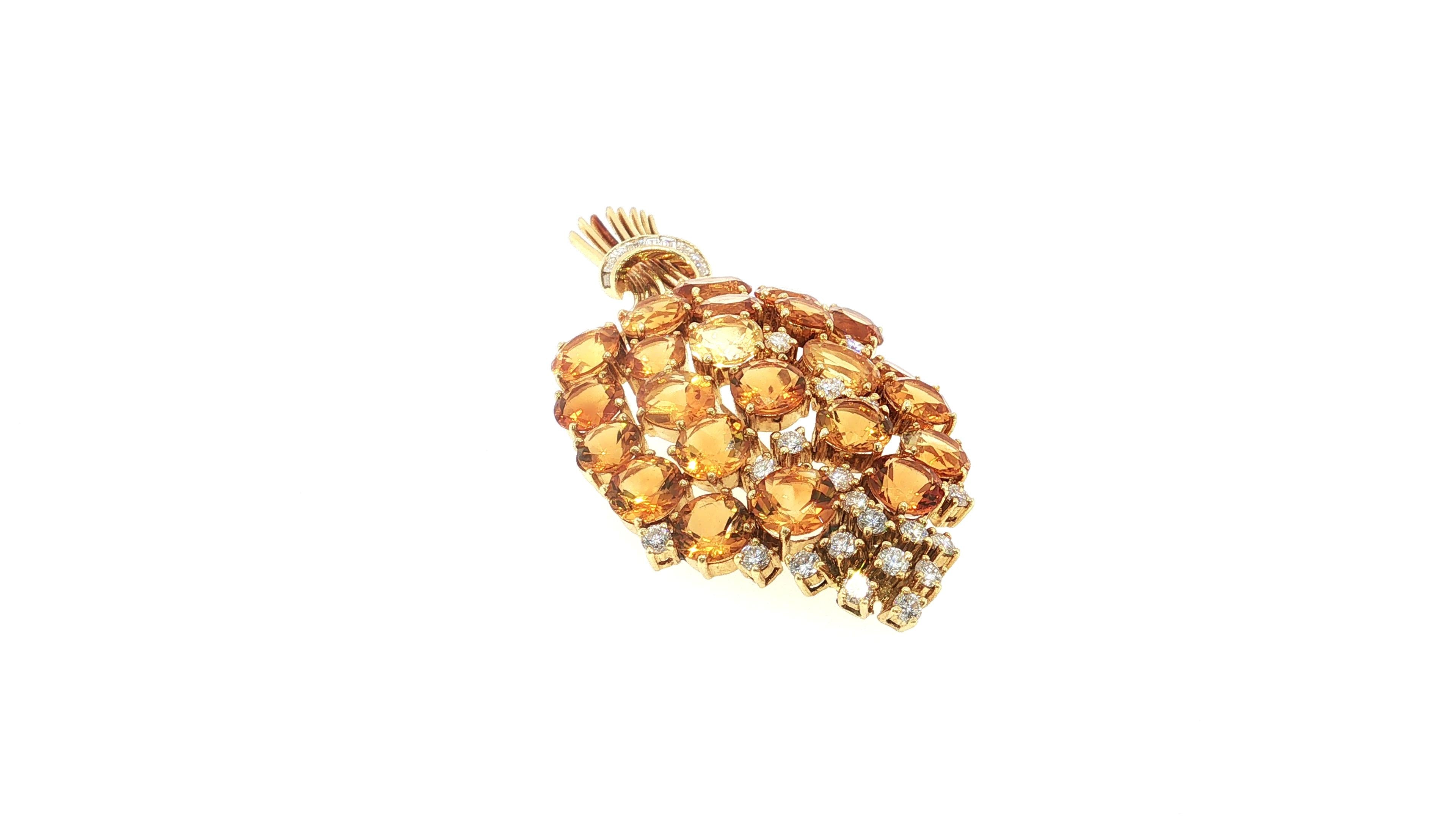 Vintage 18K Yellow Gold Pin Brooch 2ct Round & Baguette Diamonds and Citrine