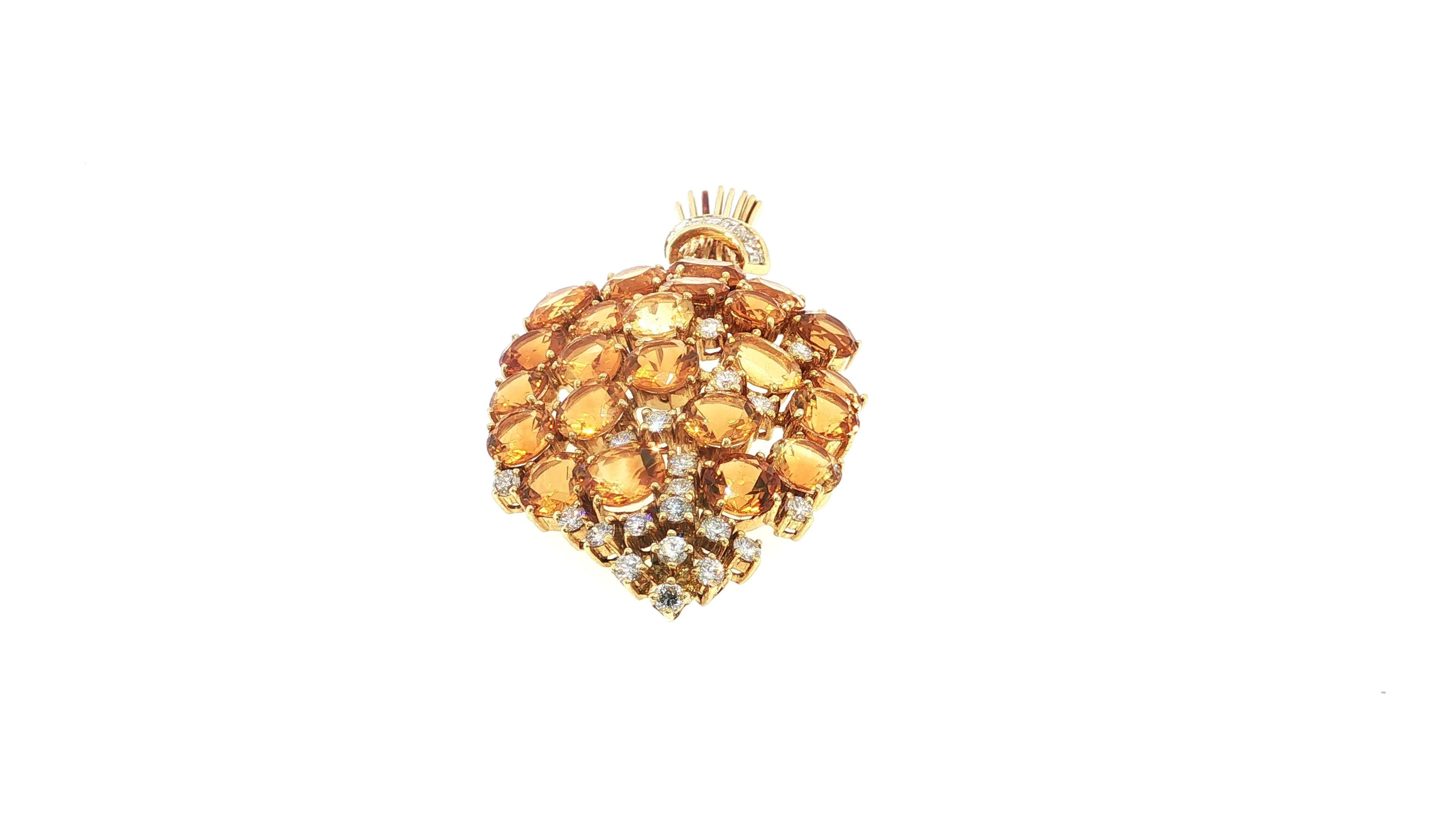 Vintage 18K Yellow Gold Pin Brooch 2ct Round & Baguette Diamonds and Citrine