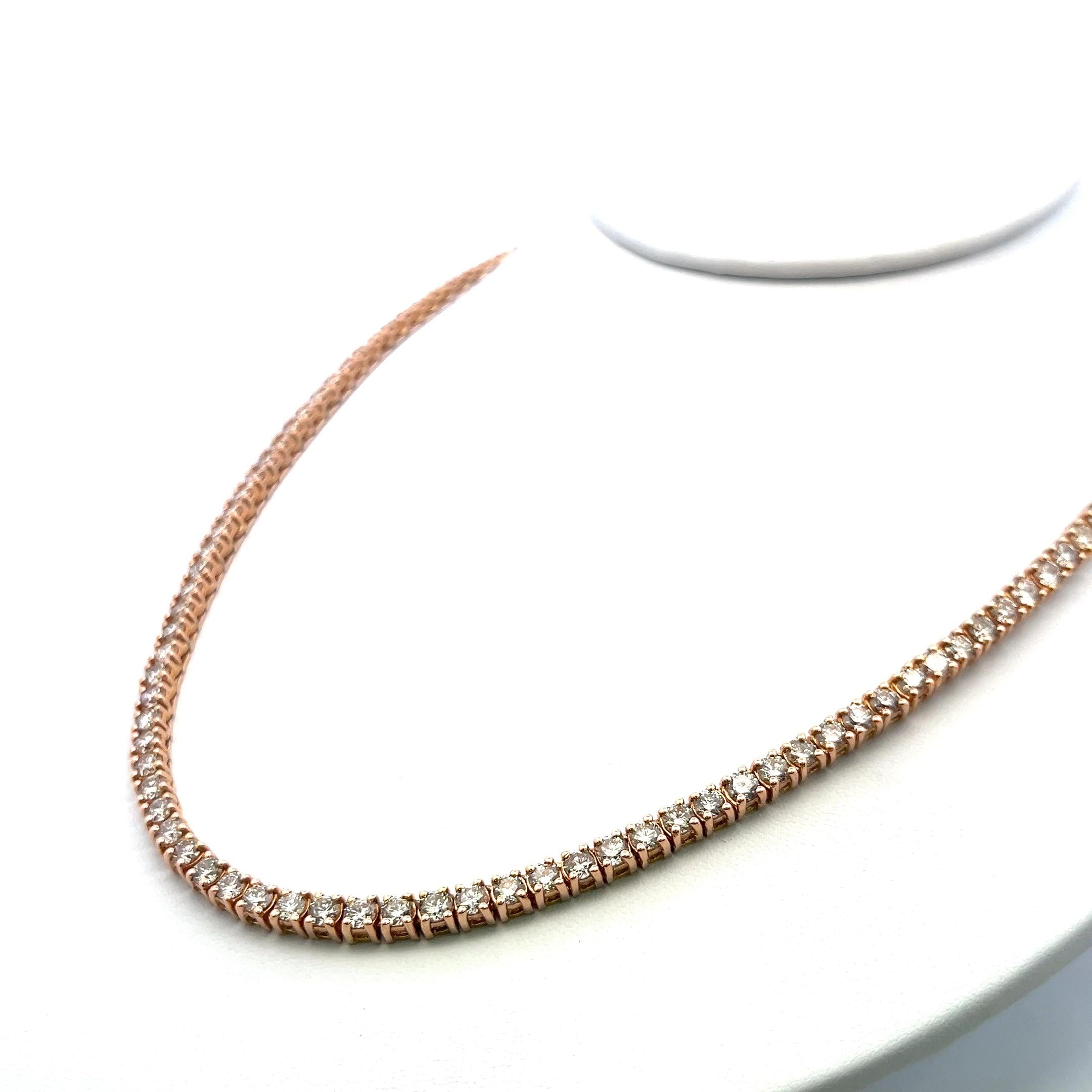 Estate 14K Rose Gold Tennis Necklace with 20 Carat Round H VS Diamonds